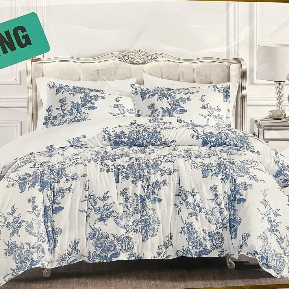 NEW Shabby Chic 3 Piece Cotton Comforter Set - Blue White Floral, King Size
